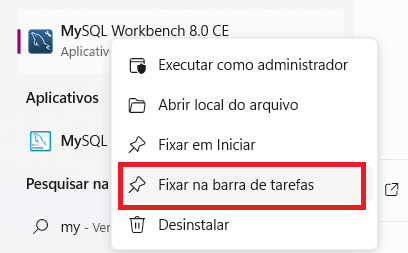 Captura de tela da pesquisa pelo termo mysql, está destacado em vermelho a opção "Fixar na barra de tarefas"  