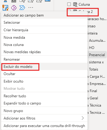 Menu de contexto do Power BI aberto ao clicar com o botão direito sobre uma coluna no painel de campos. A opção Excluir do modelo aparece destacada em vermelho na lista, indicando o comando para remover a coluna do modelo de dados.