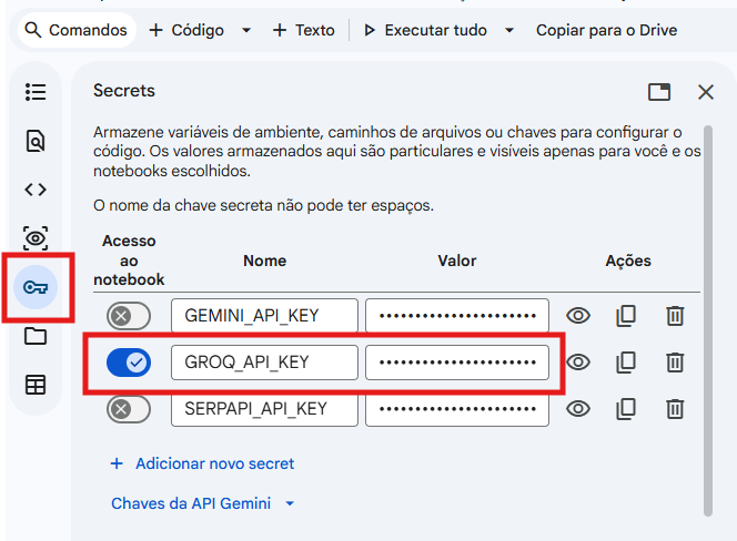 Interface do Google Colab na aba **Secrets**, mostrando a configuração de variáveis de ambiente. À esquerda, um ícone de chave está destacado. Na lista de secrets, aparecem três chaves: **GEMINI_API_KEY**, **GROQ_API_KEY** (selecionada com um check azul) e **SERPAPI_API_KEY**, todas com valores ocultos por pontos. À direita de cada chave há ícones de visualizar, copiar e excluir.
