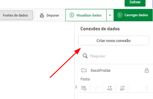 Captura de tela do Qlik Sense mostrando a seção "Conexões de dados". Um botão branco com o texto "Criar nova conexão" está destacado por uma seta vermelha