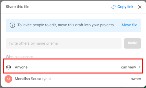 captura de tela do figma com a opção Anyone can view destacada em vermelho