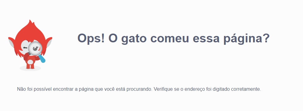 Captura de Tela. Nela contém um desenho digital de uma gatinho com uma lupa no rosto, ao lado tem uma  frase escrita "Ops! O gato comeu essa página?" 