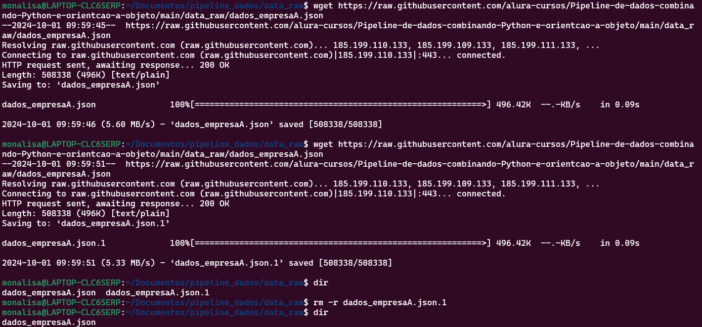 Icaptura de tela do wsl com os comando wget duplicado e rm -r dados_empresaA.json.1