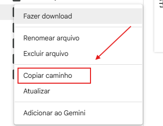 Menu de contexto do Google Colab aberto ao clicar com o botão direito em um arquivo. A opção 'Copiar caminho' está destacada em vermelho, com uma seta vermelha apontando para ela.