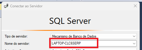 Captura de tela do Microsoft Manager studio. Há uma janela de conectar ao servidor. Está destacado em vermelho o campo nome do servidor onde está escrito LAPTOP-CLC6SERP