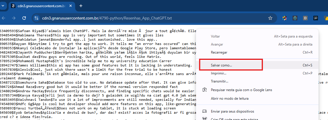 Menu de contexto do navegador aberto após clique com botão direito, com a opção “Salvar como” destacada