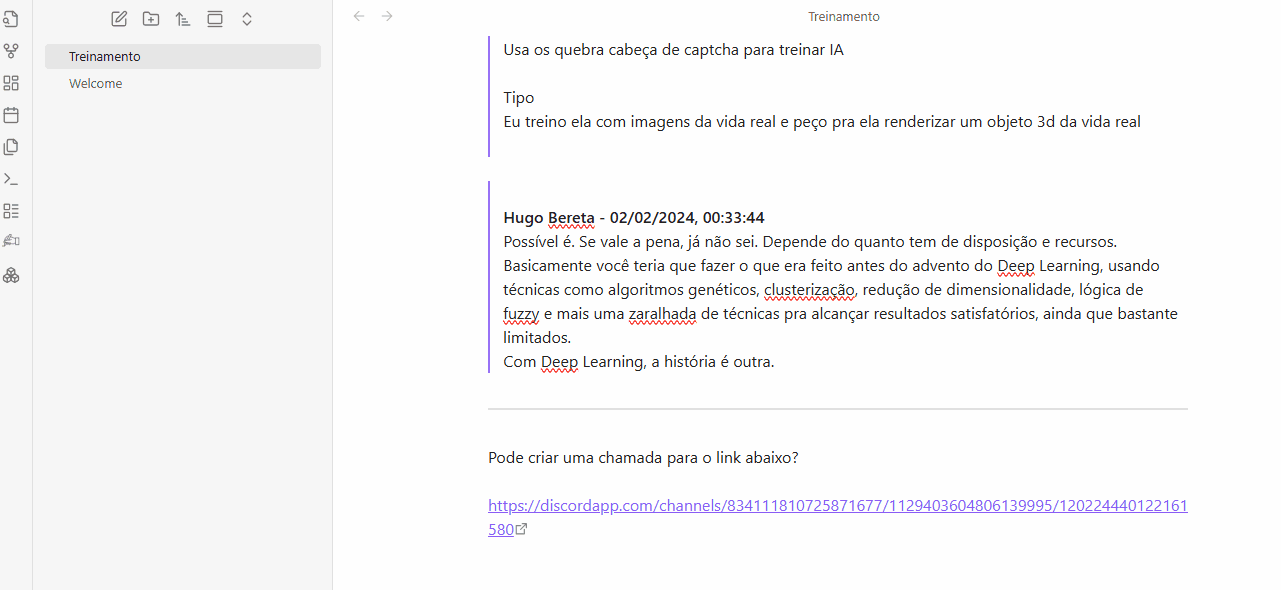 Tela do Obsidian com duas notas na barra lateral esquerda: "Treinamento" e "Welcome". A nota "Treinamento" está aberta no painel principal. O conteúdo inclui um texto inicial sobre usar quebra-cabeças de captcha para treinar IA. Na parte inferior há a pergunta "Pode criar uma chamada para o link abaixo?" acompanhada de um link do Discord em destaque na cor roxa. Essa pergunta é selecionada com o mouse e na lateral esquerda clica em Generate Text, então é gerado 4 opções de chamadas.