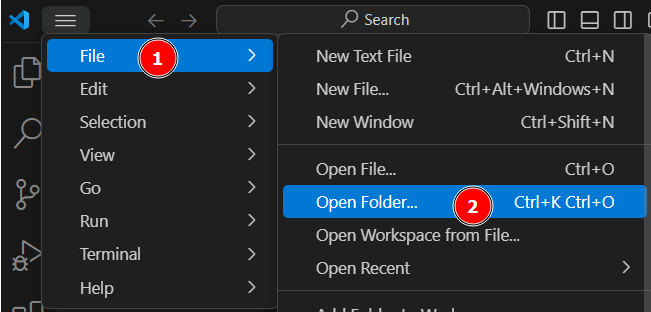 captura de tela do vscode. Há o numeral 1 em File e o numeral 2 em Open Folder