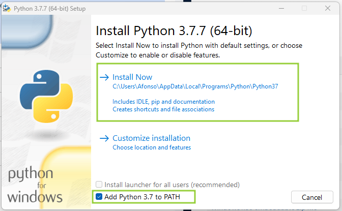 Captura de tela da janela de instalação do Python na versão 3.7.7 (64-bit). Nela temos o botão de instalação denominado “Install Now” destacado por um retângulo verde. Abaixo, temos a opção “Customize installation”. Na parte inferior temos dois checkboxes. O primeiro tem o texto “Install launcher for all users (recommended)” e encontra-se desmarcado. O segundo tem o texto “Add Python 3.7 to PATH”, está selecionado e aparece destacado por um retângulo verde.