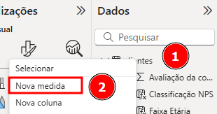 Captura de tela do Power BI mostrando o painel Dados. O número 1 em vermelho marca a tabela clientes. Em seguida, o menu de contexto aberto exibe a opção Nova medida, destacada com uma caixa vermelha e o número 2.