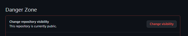 Imagem demonstrando a zona de perigo do github, enfatizando a mudança de visibilidade do repositorio