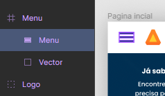 Imagem do menu lateral do figma, onde dentro do grupo chamado "Menu", existe um 2 arquivos, o Menu e o Vetor, apenas o Menu está selecionado