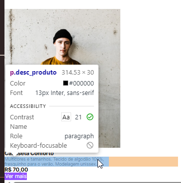 imagem do dev tools mostrando como o elemento paragrafo está ocupando mais espaço do que a imagem do cartão, o espaço em azul representa sessenta por cento do elemento e é onde está o texto, o restante em amarelo está com o espaço em branco 