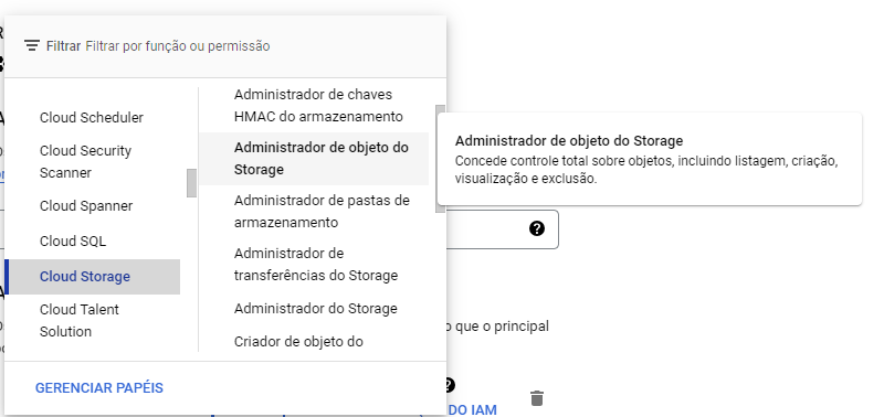 Inserção de papel administrador de objetos no storage no IAM do Google Cloud