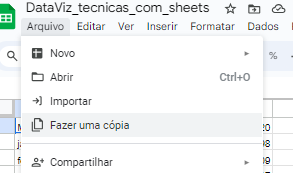 Imagem mostrando o menu arquivo do google sheets aberto. A opção fazer uma cópia está selecionada