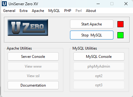 Imagem do UniServer Zero. O MySQL está ativo.