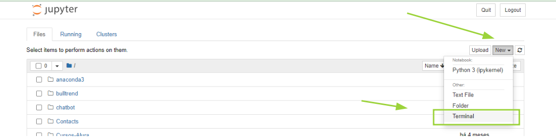 Captura de tela apontando para o botão "new" na tela inicial do Jupyter e mostrando a opção "terminal"