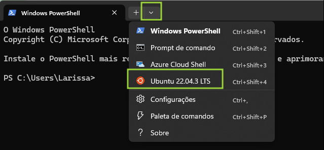 Imagem do power shell com o menu para selecionar novo terminal aberto e um retângulo ao redor da opção ubuntu 22.04