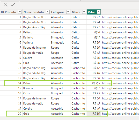 tabela de produtos. As linhas de ID 14 e ID 20 estão circuladas