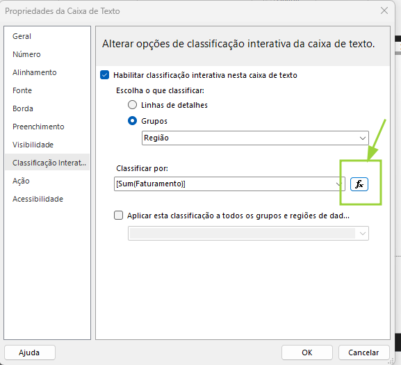 Captura de tela da propriedades da caixa de texto no Report Builder. Está na seção de classificação interativa, que está habilitada por grupos Região, e classificada pela soma de faturamento