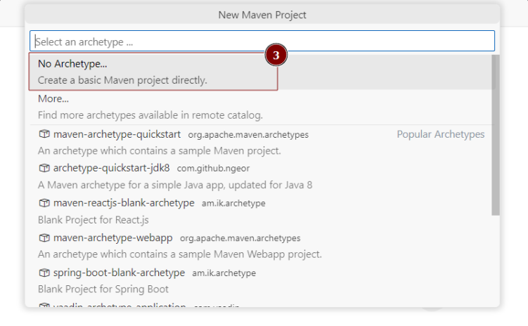 Seleção de "no archetype" na criação de um projeto maven