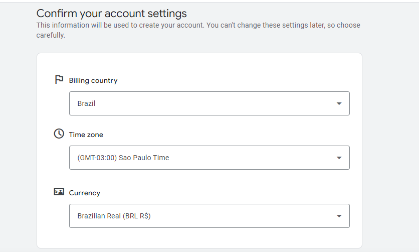Captura de tela de configurações de conta do Google Ads, com País, Zona de horário e Moeda