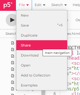 Recorte de captura de tela do P5js. O menu file foi selecionado, e abaixo a terceira opção, share, está destacada em rosa