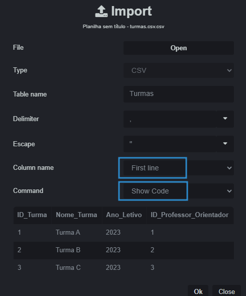 Janela de configurações da importação de dados para popular uma tabela, no SQLite Online. Há algumas opções de configuração em relação ao tipo do arquivo, primeira coluna sendo o nome das colunas, e mostrar o código antes de rodar o comando. Abaixo, as primeiras linhas da tabela populada são mostradas 