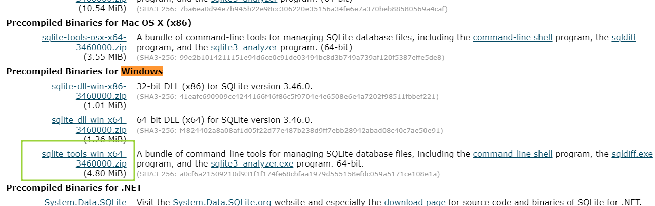 A imagem mostra uma tabela com os arquivos binários pré-compilados para o SQLite, mostrando a versão para Windows (64-bit) que inclui os arquivos `sqlite-tools-win-x64.zip` e `sqlite3.exe` 