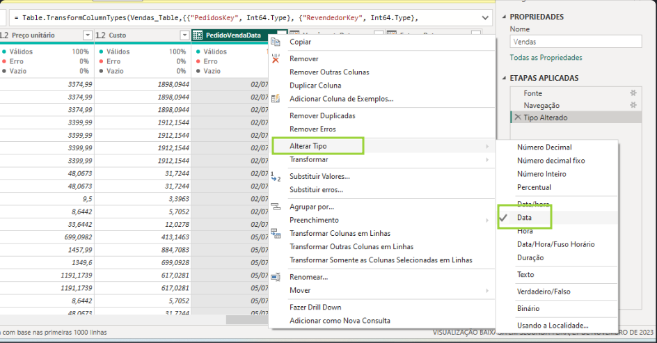 Uma tabela no power query, com o menu da coluna aberto e o caminho "alterar tipo - data" destacado