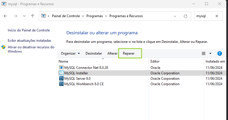 Tela desinstalar programas do windows com programas do MySQL listados e um retângulo ao redor do botão de reparar