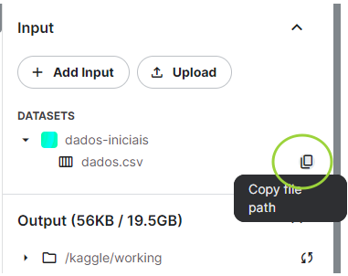 Captura de tela mostrando o ícone para copiar caminho de um dataset no Kaggle