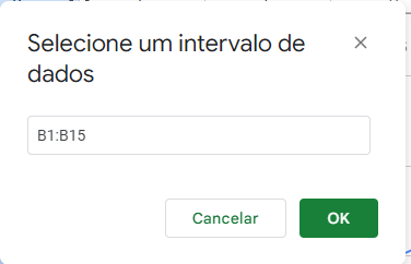 Janela de seleção de intervalo de dados no google planilha com o intervalo b1 b15