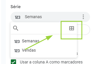 Imagem da seleção de série no editor de gráficos do google planilha com uma seta apontando para o ícone de seleção de intervalo de dados