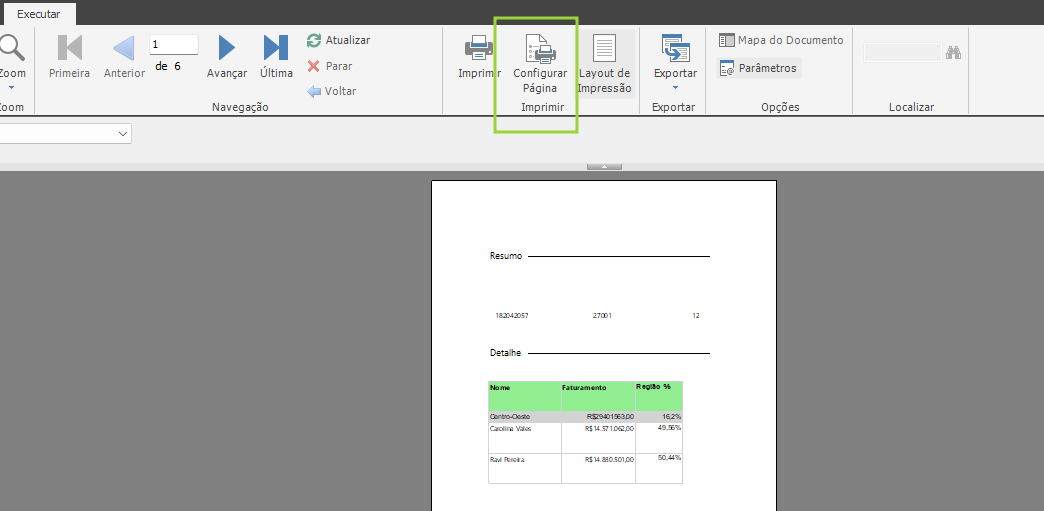 Menu superior do report builder na página de impressão. um retângulo evidencia o ícone "configurar página"