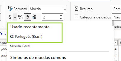 imagem da seleção de moeda no power bi com o real utilizado recentemente