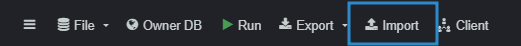Menu superior do SQLite online. A opção import está selecionada