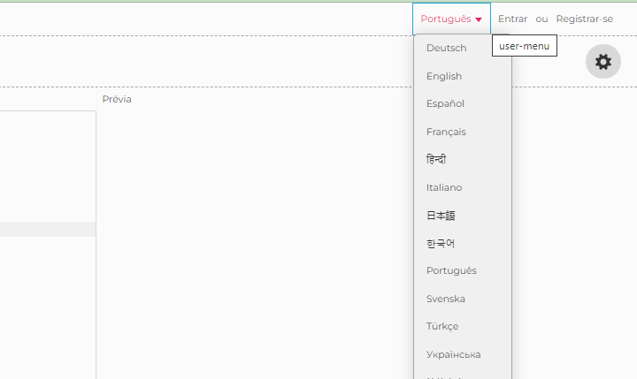 Captura de tela do editor do p5.js. O menu de seleção de língua está aberto, no  canto superior direito. Ao lado, estão as opções para entrar, registrar-se, e configurações.