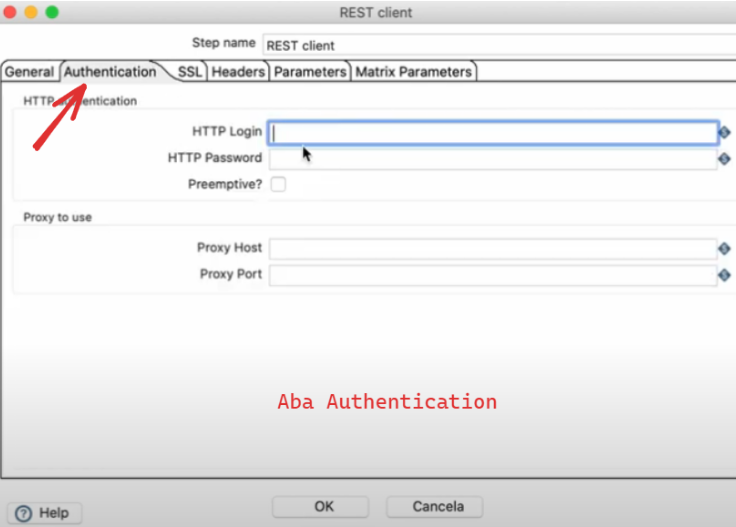 Imagem da janela de solicitação de API REST do Pentaho. Uma seta vermelha aponta para a aba de autenticação.