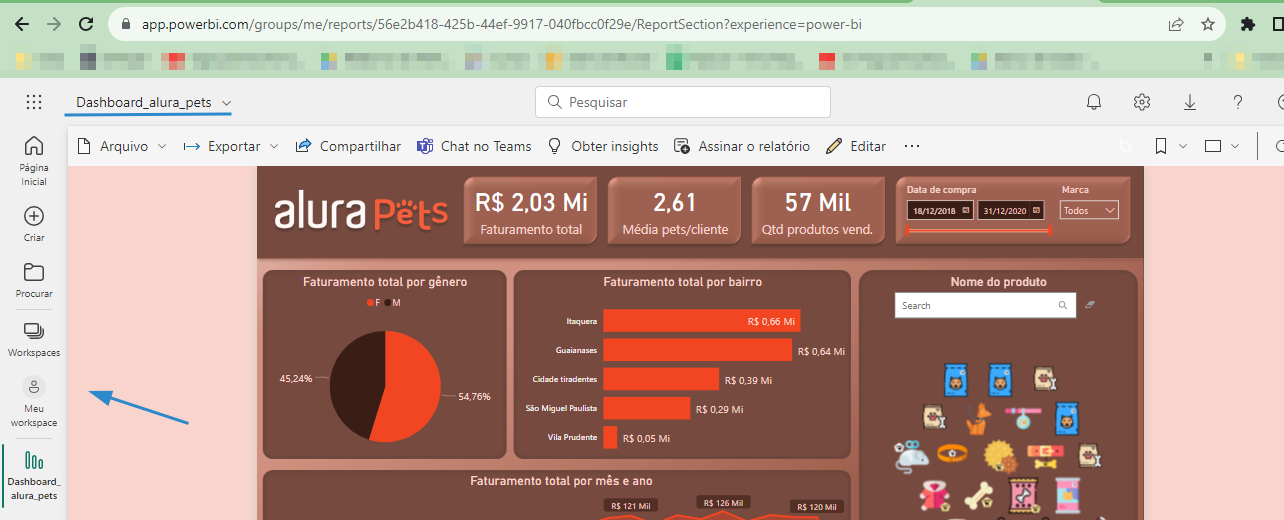 Imagem de um relatório do Power BI publicado na web. Uma seta aponta para o ícone de workspaces, no lado esquerdo da imagem.