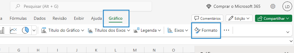 Imagem selecionando as opções gráfico e formato no excel online