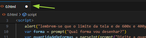 Imagem com um recorte do vs code mostrando um pouco da tela de código e a aba com o nome do arquivo com uma bolinha ao lado, que indica que o arquivo não está salvo. Há uma seta apontando para a bolinha