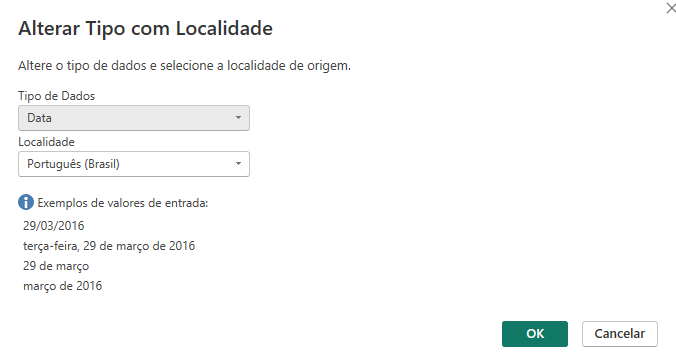 Captura de tela da janela alterar tipo com localidade no power query