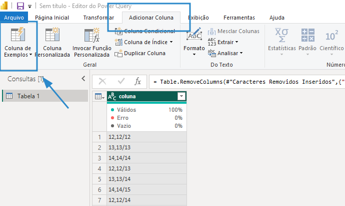 Recorte de tela do Power Query. Um retângulo azul ressalta que a aba selecionada é a adicionar coluna, e outro retângulo está ao redor do ícone coluna de exemplos. Abaixo, está uma coluna com seis caracteres numéricos, sendo divididos por vírgula e barra.