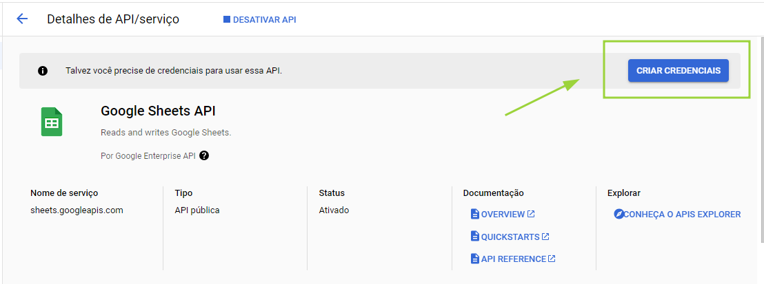 imagem da api google sheets ativa e uma seta apontando para o botão de criar credenciais
