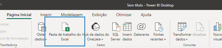 Início da transcrição. Barra da página inicial do power bi. O ícone de pasta de trabalho do excel está destacado por um retângulo azul. Fim da descrição. 