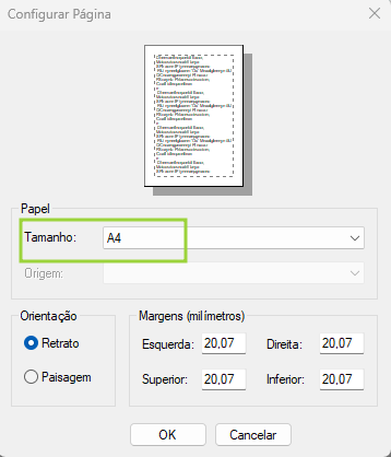 janela configurar página no report builder com o tamanho de papel A4 selecionado