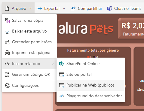 Imagem com o caminho arquivo, inserir relatório, publicar na web, no serviço do power bi