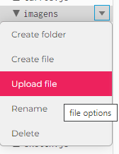 Recorte de uma captura de tela. A pasta “imagens”, no p5js, foi selecionada. Ao lado direito do nome da pasta, uma seta está destacada em azul, mostrando que foi clicada. Abaixo há um menu, e a terceira opção, upload file, está destacada em rosa