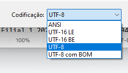 Captura de tela do menu suspenso da configuração de codificação na tela de salvar arquivo no Windows. 